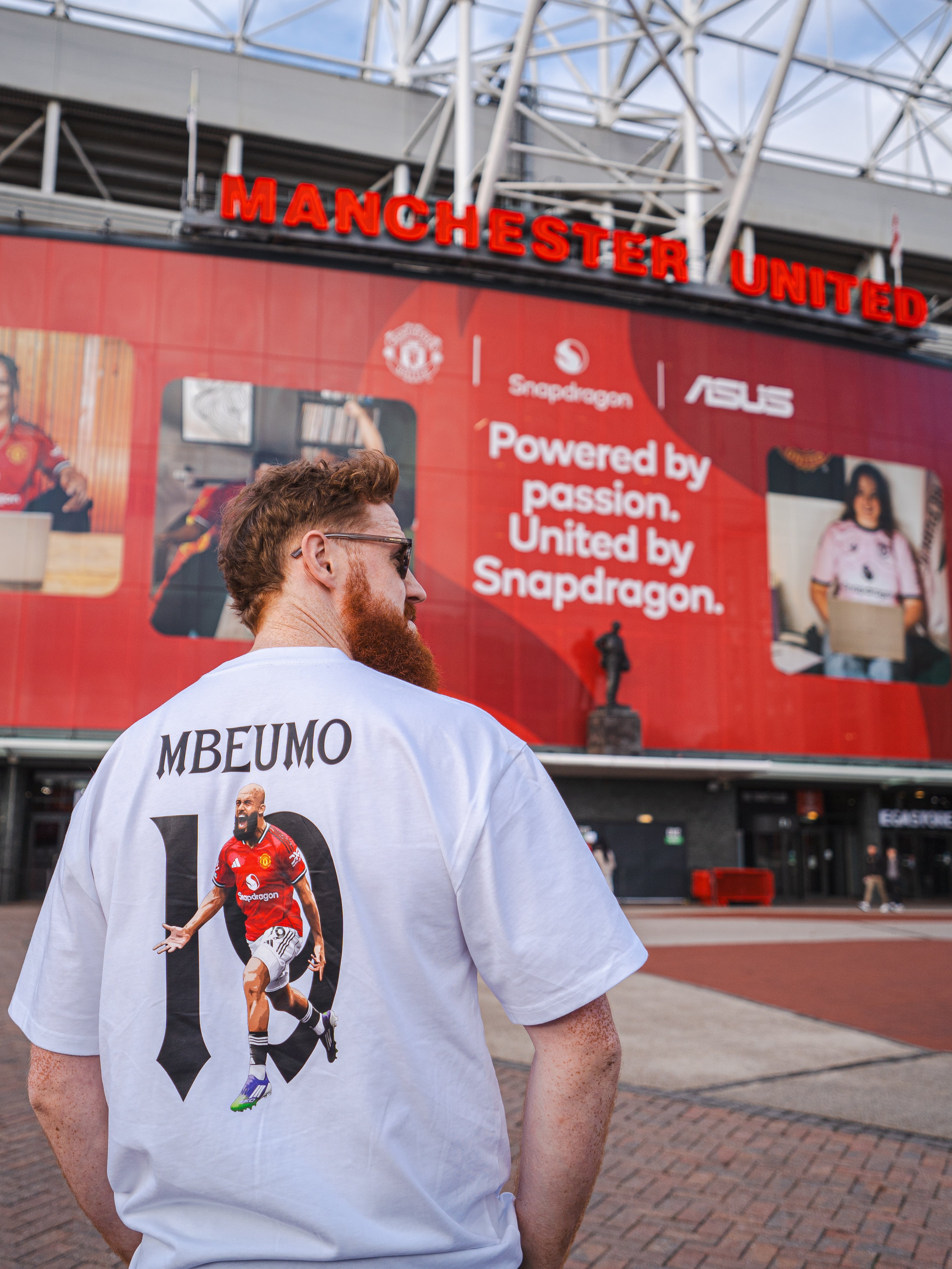 Person wearing a sports jersey with 'MBEUMO' and number '19' at Old Trafford, Manchester United.