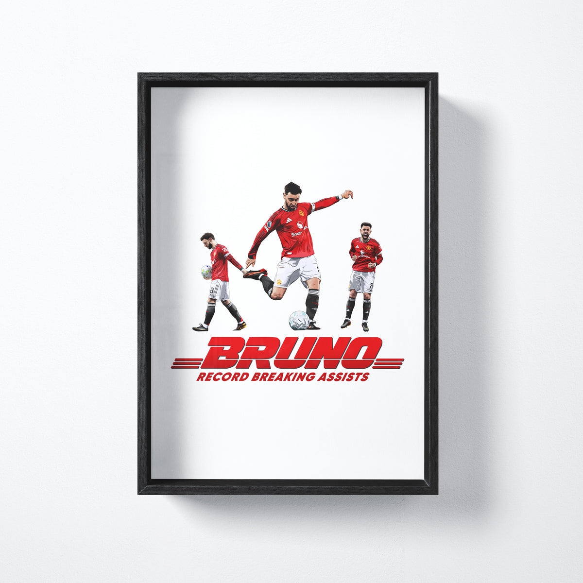 Bruno Fernandes record-breaking assists print shown in a black frame