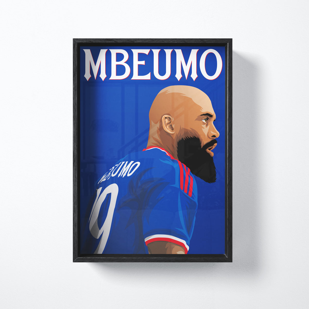 Bryan Mbeumo away kit art print shown in a black frame