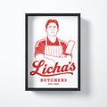 Licha's Butchers art print shown in a black frame