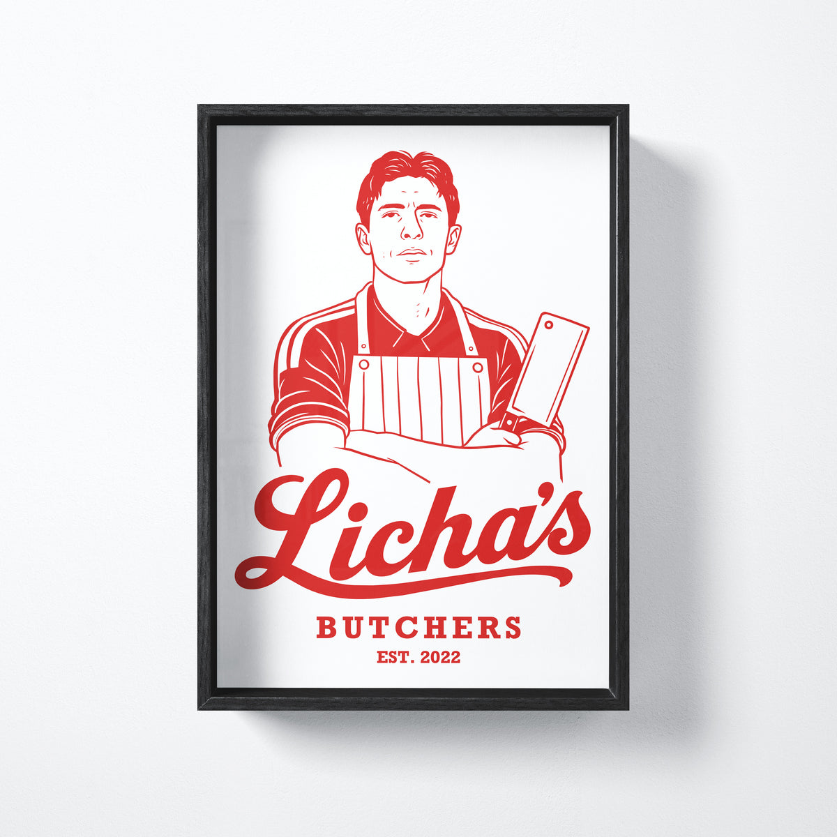 Licha's Butchers art print shown in a black frame