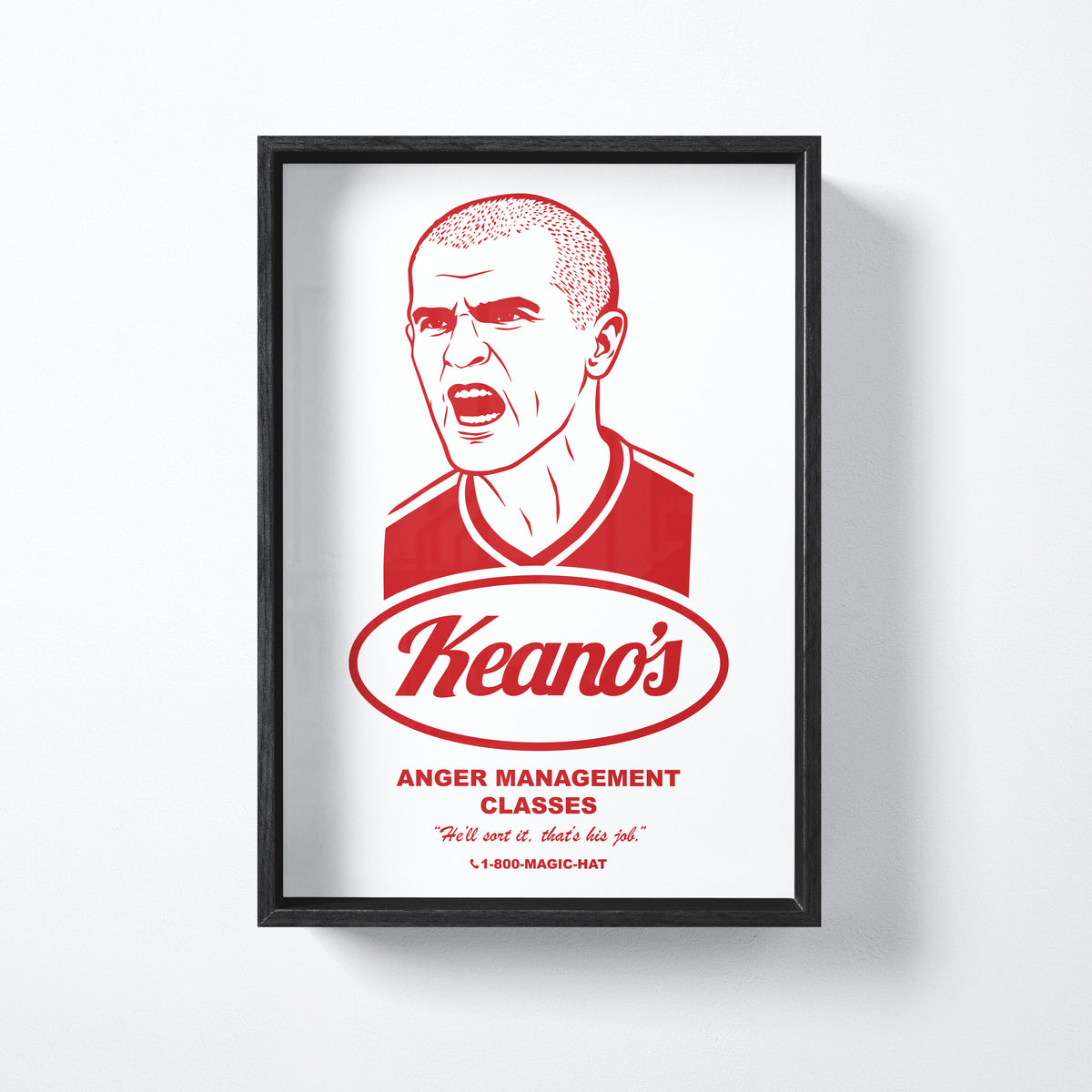 Keano’s Anger Management Classes print shown in a black frame