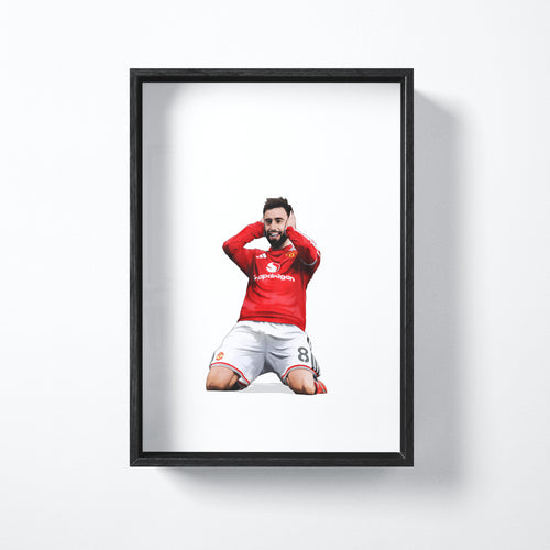 Bruno Fernandes celebration art print shown in a black frame