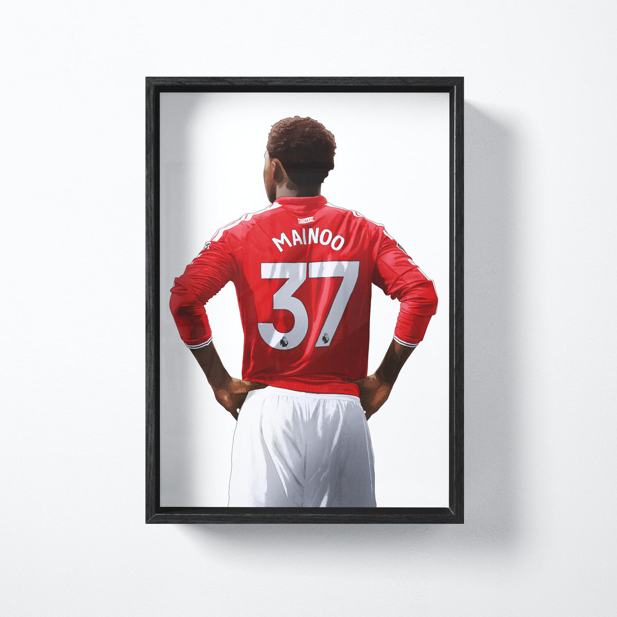 Kobbie Mainoo number 37 art print shown in a black frame
