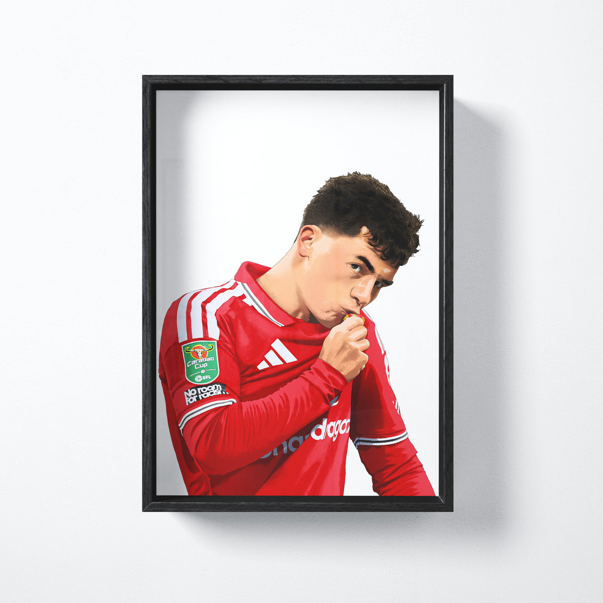 Shea Lacey badge kiss art print shown in a black frame
